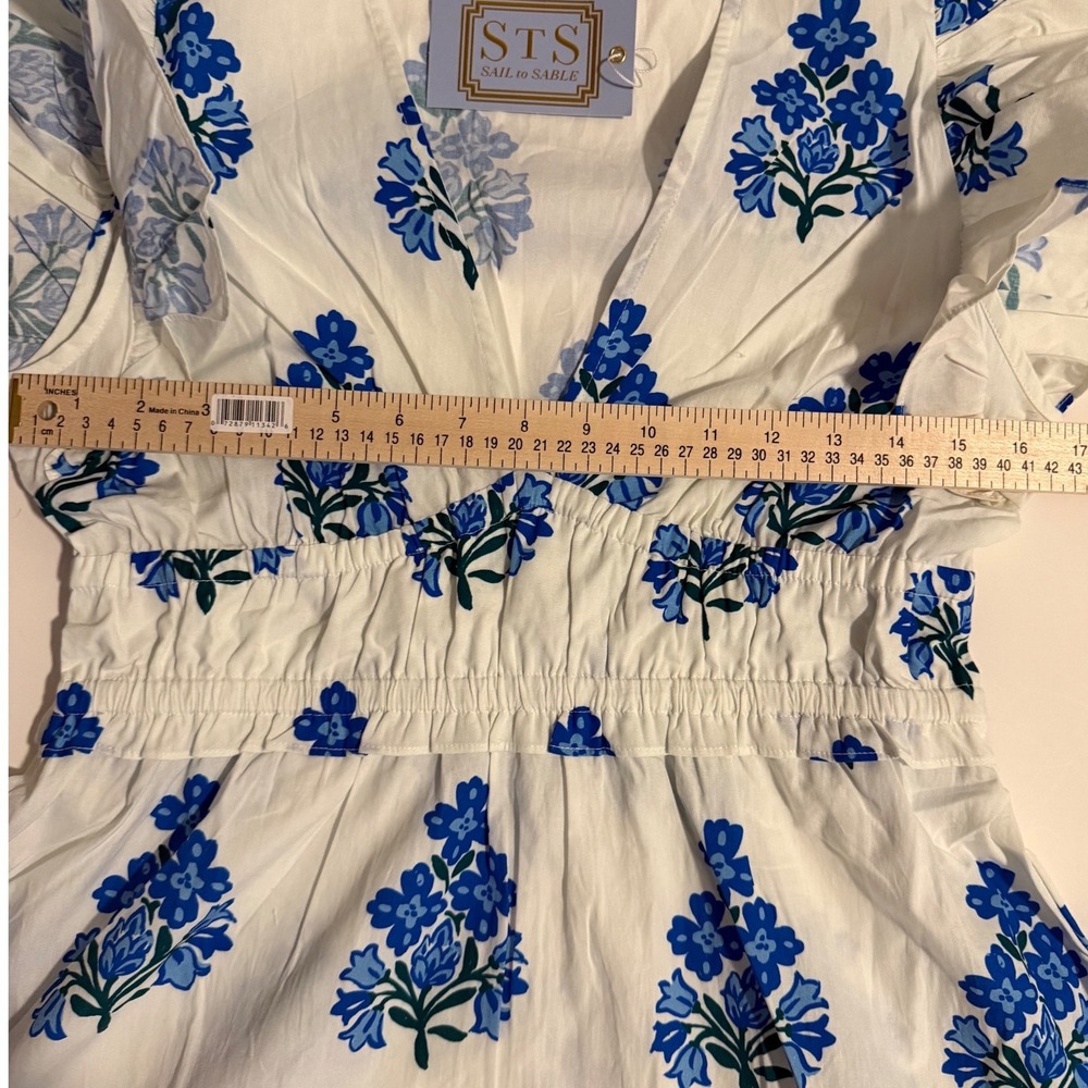 NWT Sail to Sable Blue White Floral Cotton Resort Maxi Dress Smocked Flutter M - Picture 9 of 10